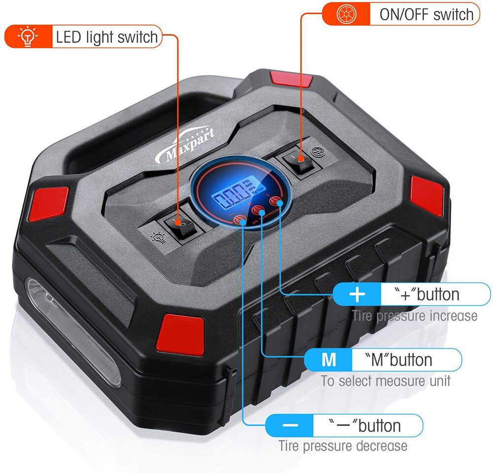 Gonfleur Pneus 12V Numérique KILMAT - 150 PSI, Arrêt Auto, écran LED, Câble 3m - Pour Voiture, Vélo, Ballon
