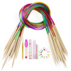 MIUSIE 35 pièces/80cm 2-10mm multicolore Tube souple carbonisé bambou circulaire Crochet aiguilles à tricoter ensemble avec 5 types d'accessoires