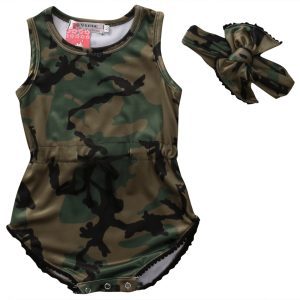 Barboteuse pour nouveau-né | 2 pièces, vêtements d'été, sans manches, Camouflage, body, bandeau, combinaison pour enfants