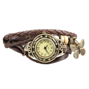 Nouvellement femmes rétro Bracelet montre-Bracelet armure Wrap Faux cuir papillon perles pendentif chaîne DOD886