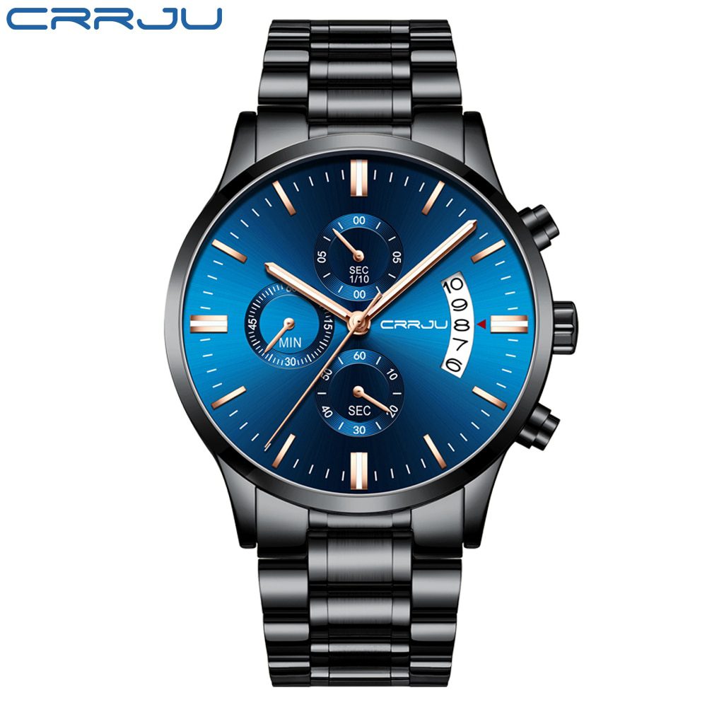 Hommes montre CRRJU acier inoxydable mode montre-bracelet pour hommes haut de gamme marque de luxe étanche Date Quartz montres relogio masculino