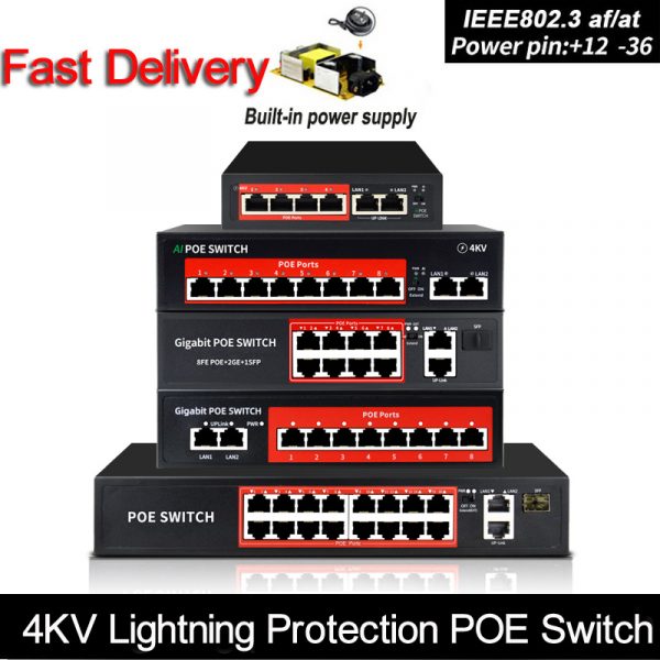 48 V réseau POE commutateur Ethernet avec 8 Ports 10/100 Mbps IEEE 802.3 af/at adapté pour caméra IP/système de caméra AP/CCTV sans fil
