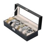Serrure latérale 6 fentes boîtes de montre boîtier en cuir noir organisateur de montre avec fenêtre en verre mécanique montre stockage cadeau support de la boîte