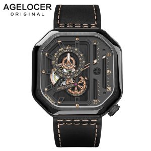 AGELOCER suisse auto-vent mécanique montre hommes automatique grand carré noir cuir montres Reloj Hombre 2019 luxe