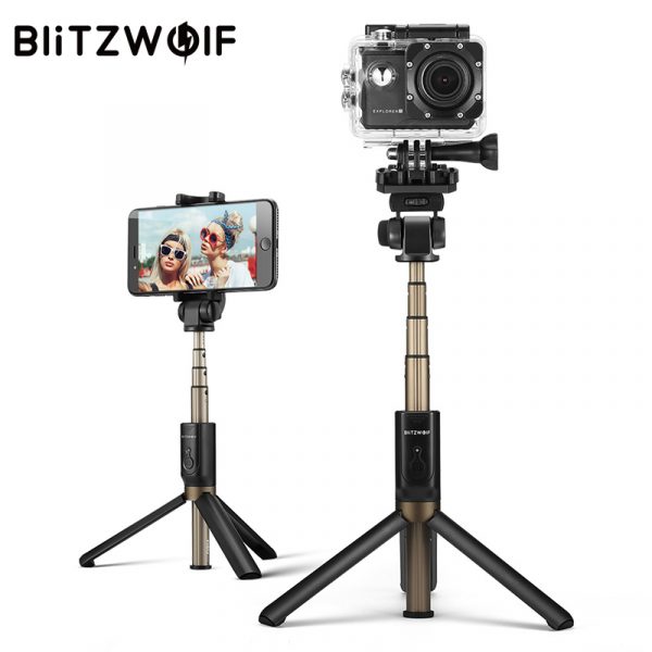 BlitzWolf 4 en 1 BW-BS3 Sport Bluetooth Selfie Stick Trépied pliable sans fil pliable et extensible pour GoPro 8 7 6 Osmo Action pour iPhone 11 X Xiaomi 9 Téléphone intelligent Samsung Samsung