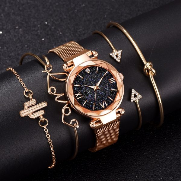 Marque de luxe or Rose ciel étoilé cadran montres femmes dames cristal Bracelet Quartz montre-Bracelet 5 pièces ensemble Relogio Feminino