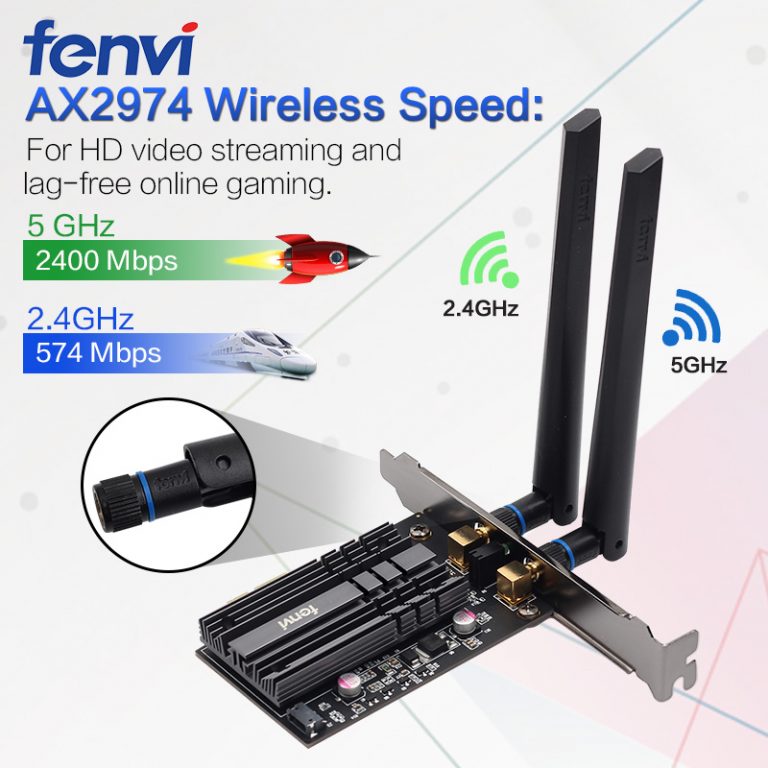 Carte Wi-Fi 6 PCIe FENVi AX3000 - Bluetooth 5.3, Jusqu'à 3000 Mbps, Dual Band 2.4/5 GHz, Pour PC Bureau