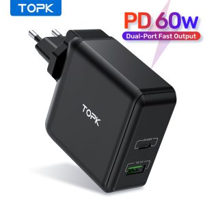 TOPK 60W USB Charger Quick Charge 3.0 USB Type C PD Charger Fast Phone Charger for iPhone Samsung iPad Pro Macbook Wall Charger