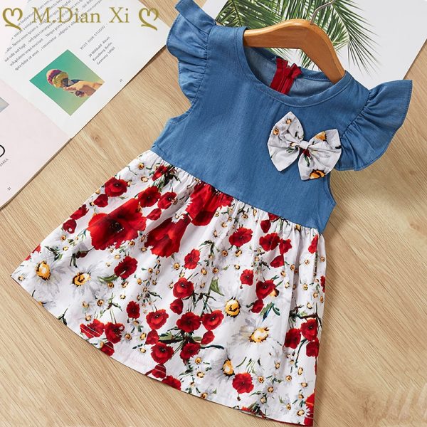 Robes filles 2020 été nouveau Denim pour enfants à fleurs volant manches couture robe coton dentelle enfants princesse robe