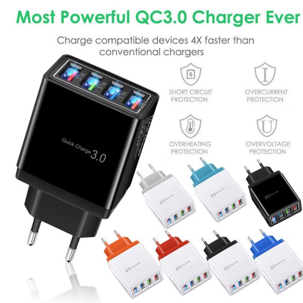 #45 Charge rapide 3.0 4.0 chargeur USB 3.1A chargeur de téléphone portable mural rapide pour iPhone 11 Samsung S9 S8 4 Ports adaptateur prise ue