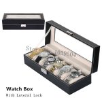 Serrure latérale 6 fentes boîtes de montre boîtier en cuir noir organisateur de montre avec fenêtre en verre mécanique montre stockage cadeau support de la boîte