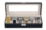Serrure latérale 6 fentes boîtes de montre boîtier en cuir noir organisateur de montre avec fenêtre en verre mécanique montre stockage cadeau support de la boîte
