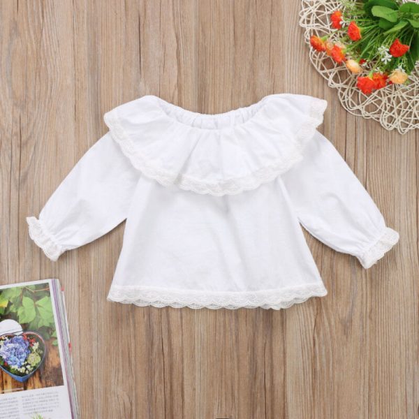 Chemise en dentelle à manches longues | Nouveau-né, bébés filles, blanc et solide, vêtements