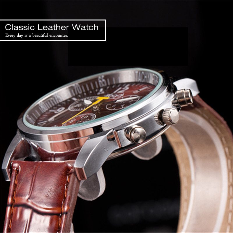 Les hommes de sport d'affaires regardent les chiffres de mode de qualité Faux cuir analogique Quartz gentleman montres Bracelet horloge