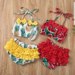 Maillot de bain pour petites filles | Ensemble 2 pièces, imprimé ananas, pastèque, à volants, nœud papillon, pour enfants en bas âge