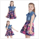 Filles Denim Floral Robe D'été Robe De Soirée avec Ceinture Enfants Volant À Manches Courtes Vêtements De Sport Bébé Fille Enfants Tenue De Mode
