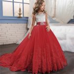 Robe brodée en dentelle rouge pour filles et adolescentes, tenue de soirée, noël ou anniversaire, motifs floraux, vêtements de 6 à 14 ans
