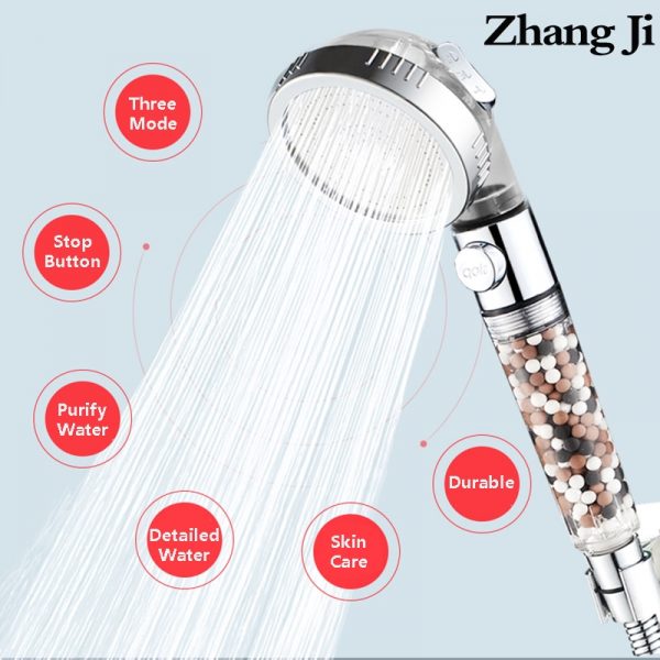 ZhangJi 3 Modes Adjustable High Pressure Shower Head Tourmaline Replaceable Filter SPA Shower Water Saving Switch Button Shower