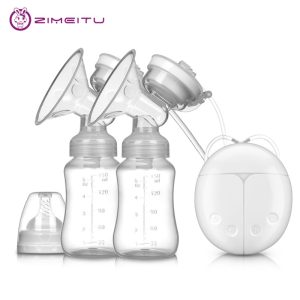 ZIMEITU – Double presse-lait électrique, puissante aspiration de mamelon, pompe de sein électrique, entrée USB avec bouteille de lait pour bébé, coussin de chaleur froide, Nippl