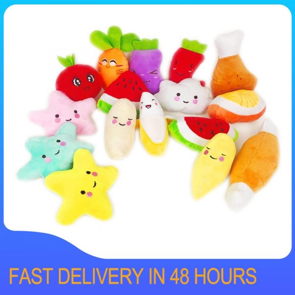 1pc Sounding Puppy Dog Chew Toy Fruit Vegetable Chicken Drum Bone Squeak Toy for Cat Pets Plush Red Pepper Eggplant Radish