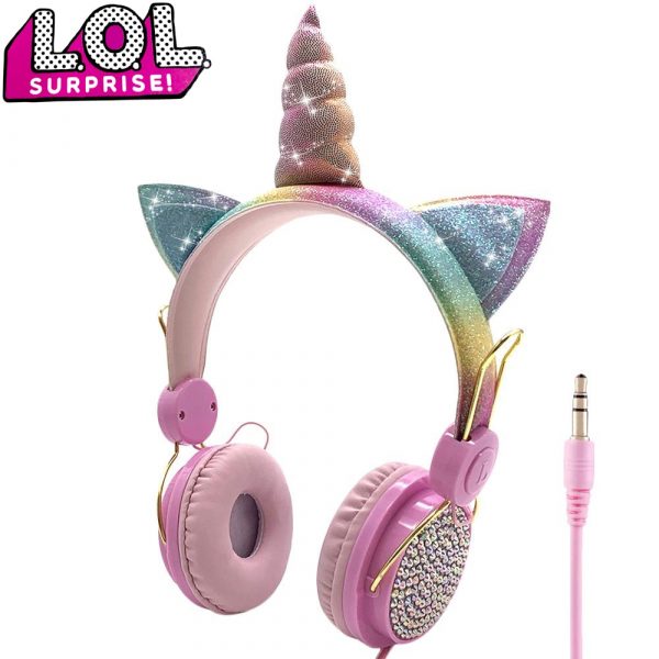 LOL Surprise – Casque audio filaire avec microphone en forme de licorne, son stéréo, compatible avec ordinateur et téléphone portable, cadeau idéal pour un enfant,