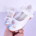 Chaussures décontractées de princesse des neiges pour filles,thème Disney, Elsa, en cuir, avec perles, souples, dessin animé, nouvelle collection,