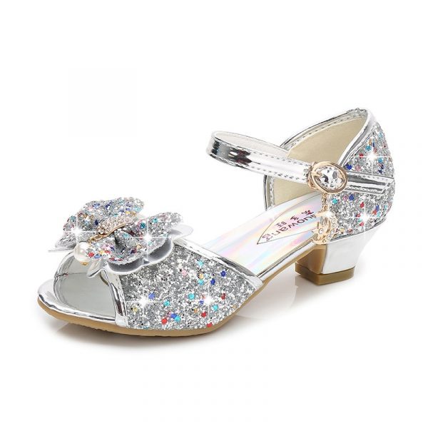 Chaussures de princesse en cuir pour filles,décontracté à paillettes, à talons hauts, avec nœud papillon, couleur bleu rose et argent,