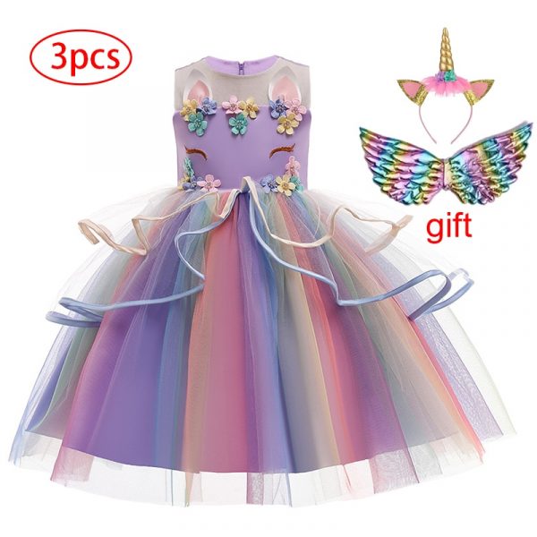 Robe de soirée d'anniversaire pour enfants, tenue licorne arc-en-ciel, motif floral, pour filles de 3 à 12 ans
