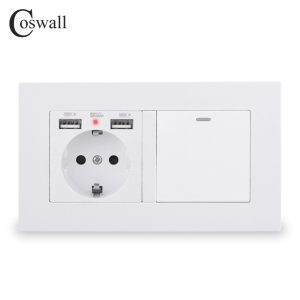 COSWALL EU Standard Wall Socket Grounded With 2 USB Charge Port Hidden Soft LED + 1 Gang 1 Way On / Off Light Switch PC Panel