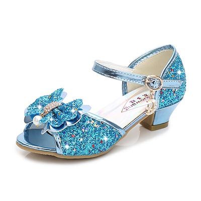 Chaussures de princesse en cuir pour filles,décontracté à paillettes, à talons hauts, avec nœud papillon, couleur bleu rose et argent,