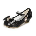 Chaussures de princesse en cuir pour filles,décontracté à paillettes, à talons hauts, avec nœud papillon, couleur bleu rose et argent,