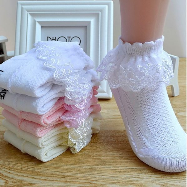 Chaussettes d'été en dentelle pour filles,pour enfants et bébés, avec volants, en coton, de couleur rose et blanc, à la mode,