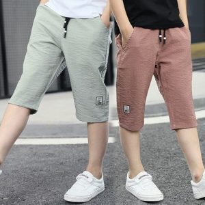 Pantalons d'été droits en lin et coton pour enfants de 3 à 13 ans, longueur aux genoux, pour bébés