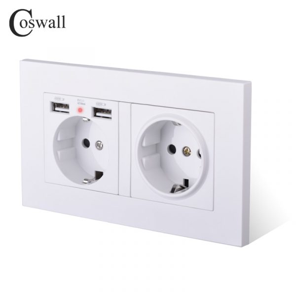 COSWALL 2 Gang Russia Spain EU Standard Wall Socket With 2 USB Charge Port Hidden Soft LED Indicator PC Panel Black White Grey