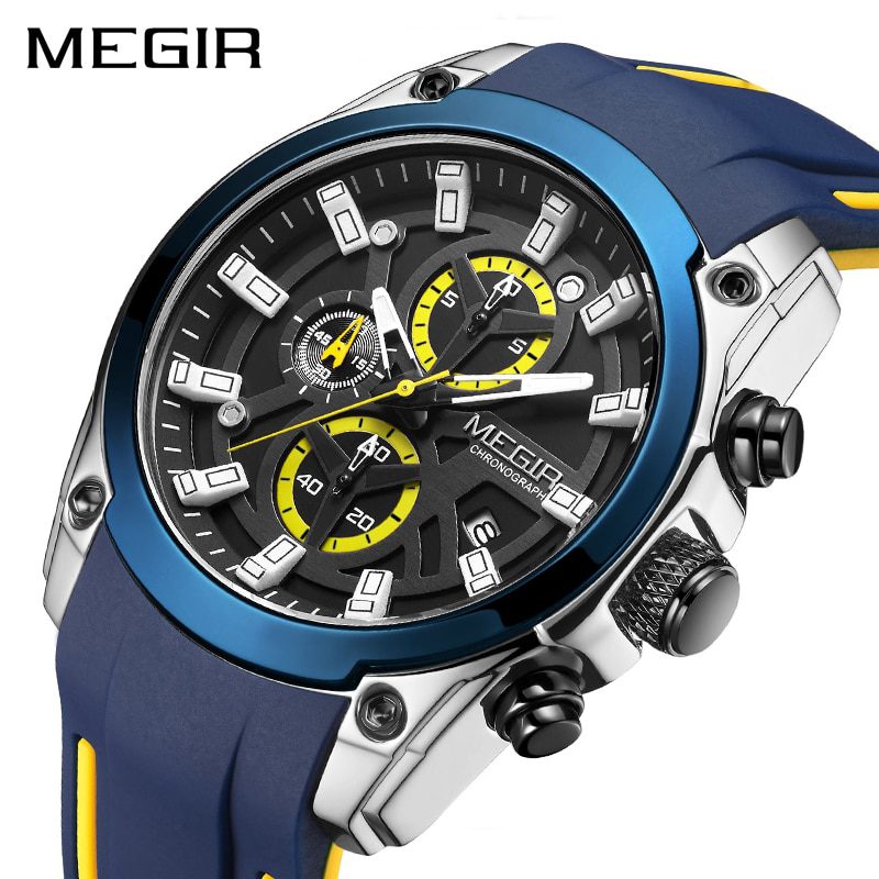 MEGIR 2020 Blue Sport Watches for Men Top Brand Luxury Chronograph Man Watch Military Quartz Clocks Luminous Relogio Masculino