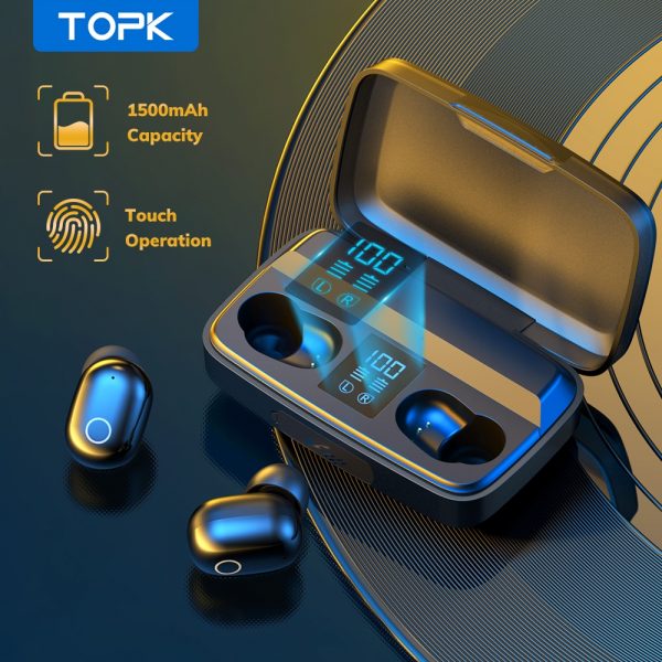 TOPK – écouteurs sans fil Bluetooth V5.0 TWS, oreillettes de sport étanches, avec boîte de charge 1500mAh, à empreinte digitale tactile