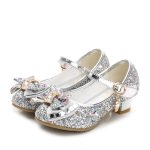 Chaussures de princesse en cuir pour filles,décontracté à paillettes, à talons hauts, avec nœud papillon, couleur bleu rose et argent,