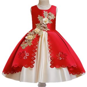 Robe de princesse en soie brodée pour petites filles, vêtements d'hiver élégants à fleurs pour fête de noël Halloween pour enfants