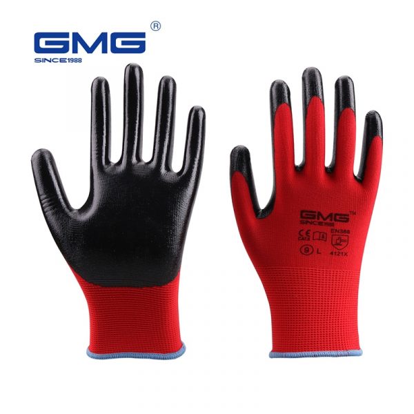 Hot Sale Work Gloves GMG CE EN388 Red Polyester Black Smooth Nitrile Safety Protective Gloves oil-proof Mechanics Gloves 6 pairs