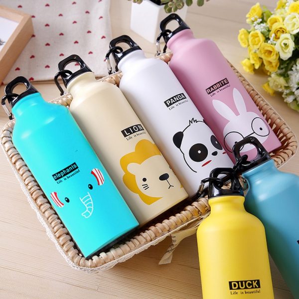 1/5Pcs Cartoon Portable Carabiner Sports Bottle Cute Animals Pattern Water Bottle Aluminum Alloy Kids Cycling Bike Water Bottle
