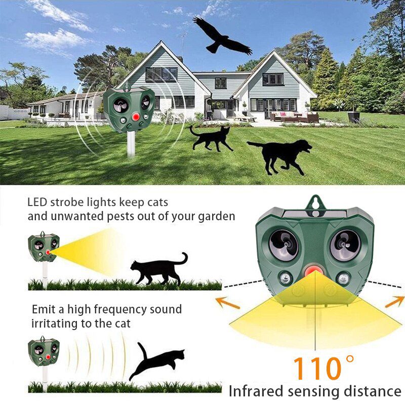 Répulsif ultrasonique à énergie solaire pour animaux, destiné au jardinage en plein air, convient aux chats et chiens