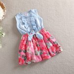 Filles Denim Floral Robe D'été Robe De Soirée avec Ceinture Enfants Volant À Manches Courtes Vêtements De Sport Bébé Fille Enfants Tenue De Mode