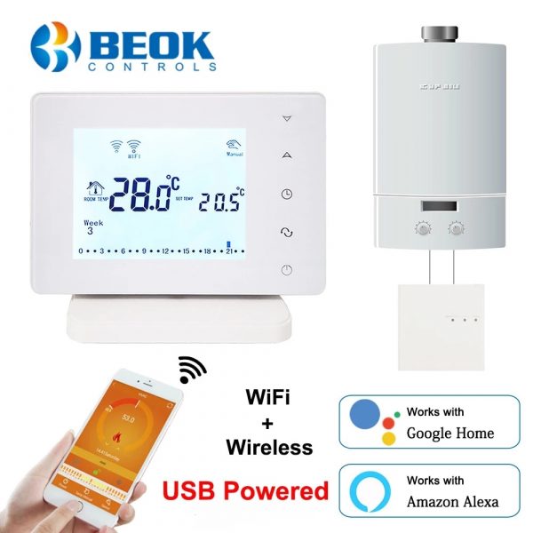 Beok Wireless Wifi Smart Thermostat for Gas Boiler Temperature Controller USB Powered Works with Google Home Alexa