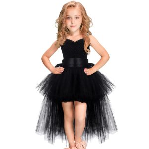Robe Tutu de soirée en tulle avec col en V,vêtement pour fête et anniversaire, costume d'halloween pour fille, tenue noire, 1 — 14 ans,
