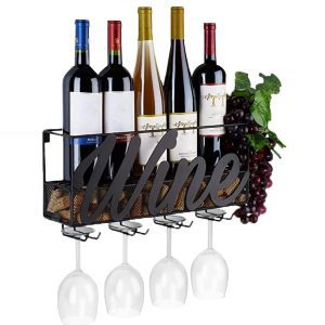 4 supports de verres à vin en métal 17.71x5.12x8.66 pouces, étagère murale pour bouteilles de vin et Champagne avec plateau en liège supplémentaire