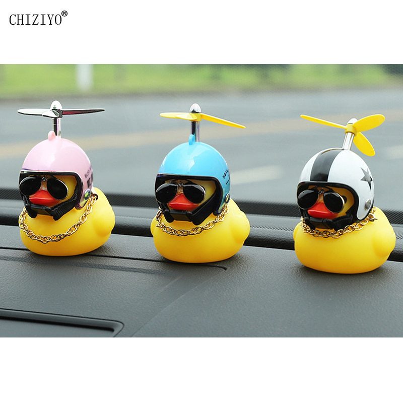 Cute Little Yellow Duck With Helmet Propeller Rubber Windbreaker Duck Squeeze Sound Internal Car Decoration Child Kid Toy