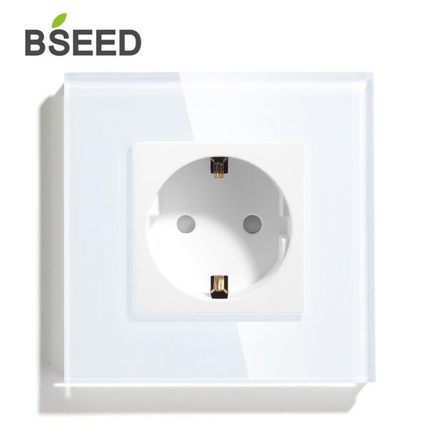 BSEED Mvava EU Standard 16A Wall Socket White Black Single Mirror Crystal Glass Panel Plug Electrical Outlet For Home Improvemet