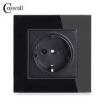 Coswall Wall Tempered Glass Panel Power Socket Grounded 16A EU Russia Spain Outlet With Children Protective Lock