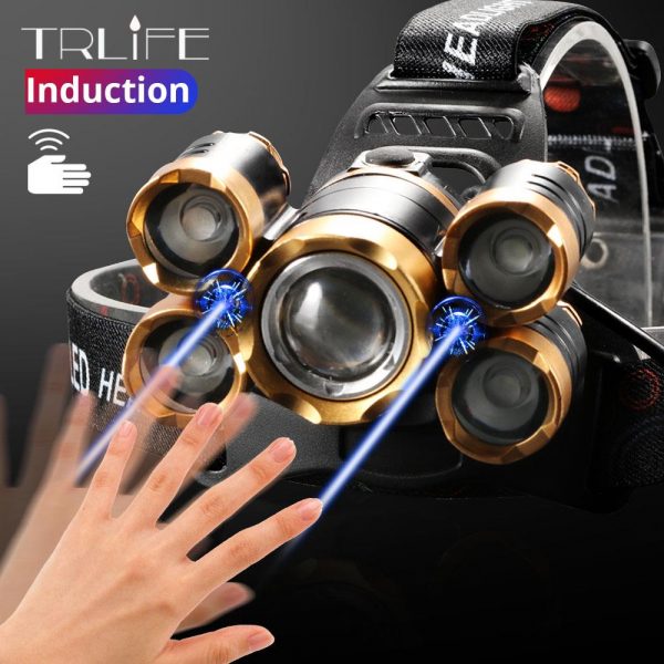 Powerful LED Headlight headlamp 5LED T6 Head Lamp Sensor Flashlight Torch head light 18650 battery Best For Camping, fishing