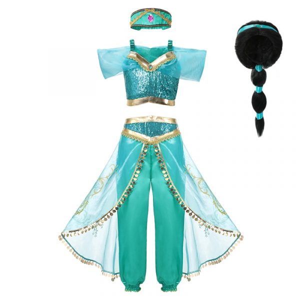 VOGUEON – Robe de princesse Jasmine à paillettes pour fille,costume avec motif à fleurs, tenue de fantaisie, déguisement d'halloween pour enfants, ensemble de 3 pièces,